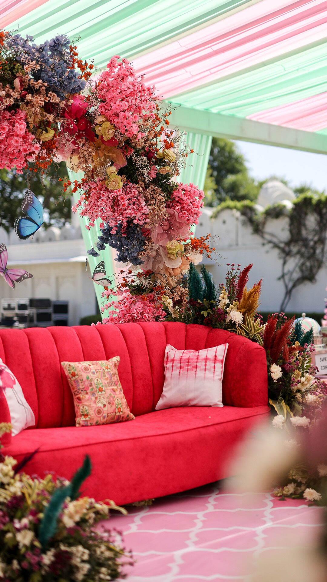 Beautiful floral arrangements adding charm and vibrancy to Indian wedding decorations.